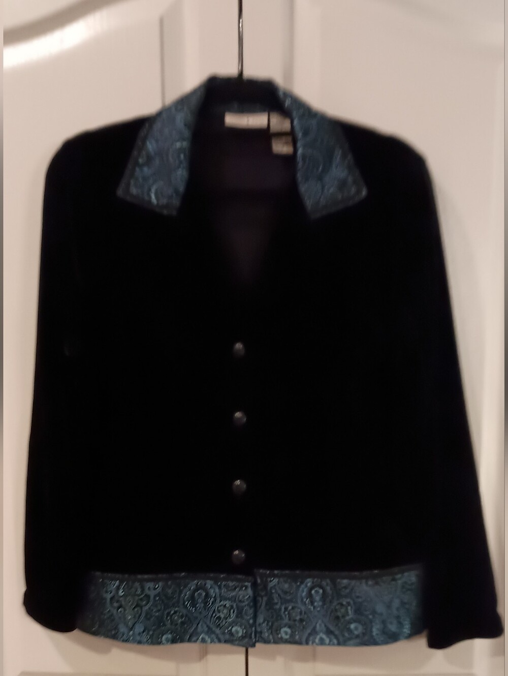 Black Velvet Jacket with Teal Paisley Trim - Women’s Blazer